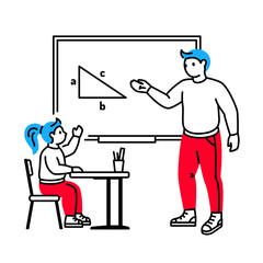 Math teacher pointing at the blackboard and the pupil raising hand