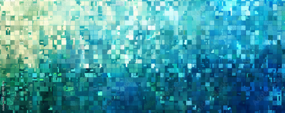 Poster a mosaic pixel background with a mix of cool colors like blue, teal, and green. the refreshing hues 