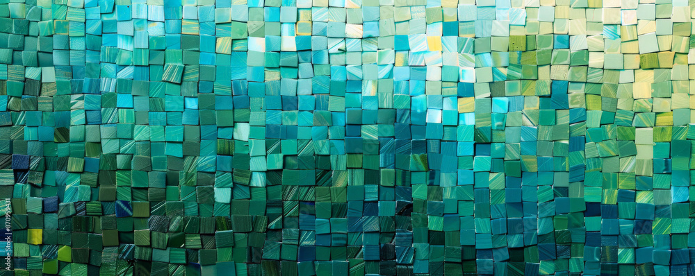 Poster a mosaic pixel background with a mix of cool colors like blue, teal, and green. the refreshing hues 