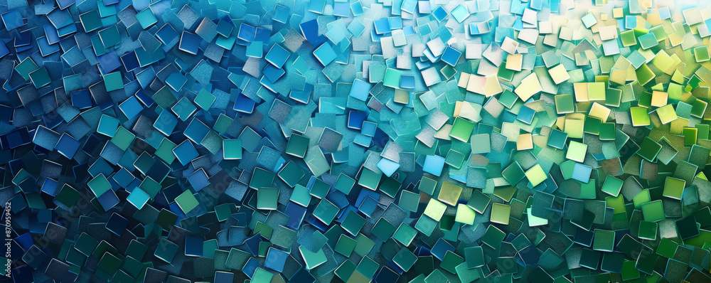 Poster a mosaic pixel background with a mix of cool colors like blue, teal, and green. the refreshing hues 