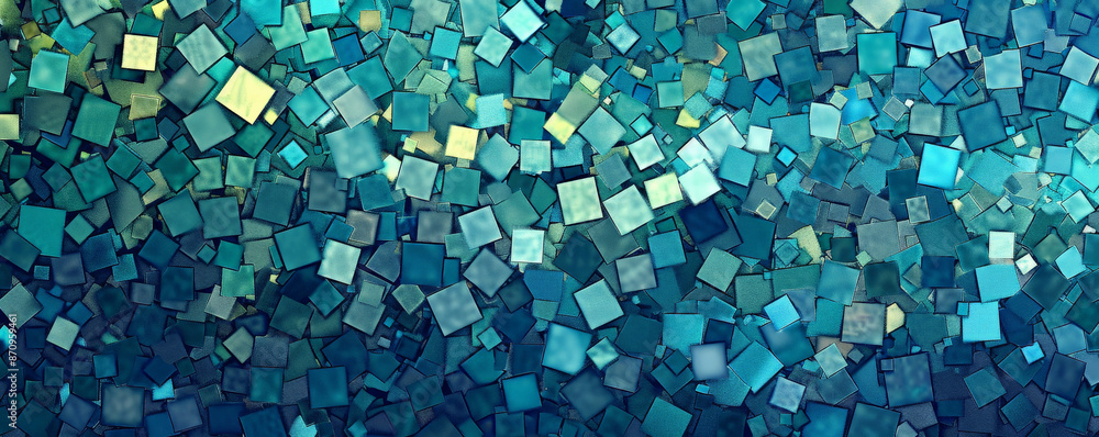 Poster a mosaic pixel background with a mix of cool colors like blue, teal, and green. the refreshing hues 