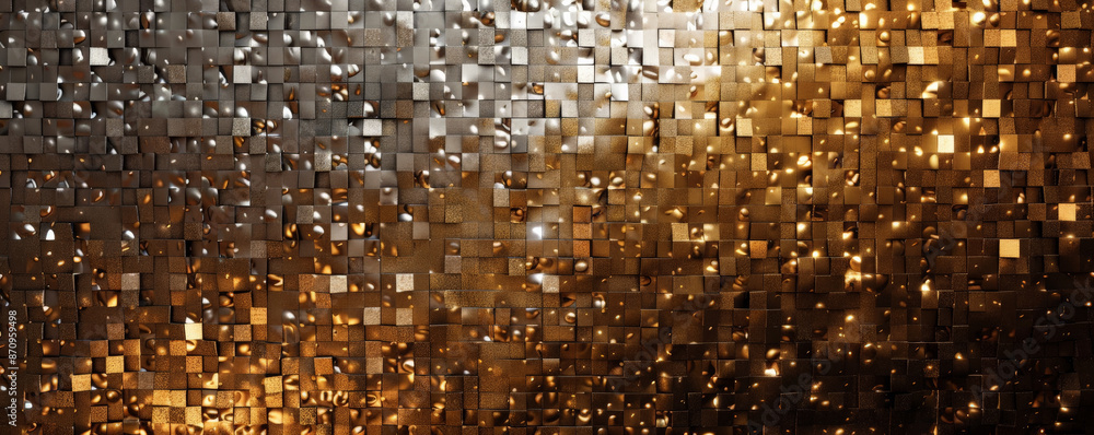 Poster a mosaic pixel background with a mix of metallic colors like gold, silver, and bronze. the shimmerin