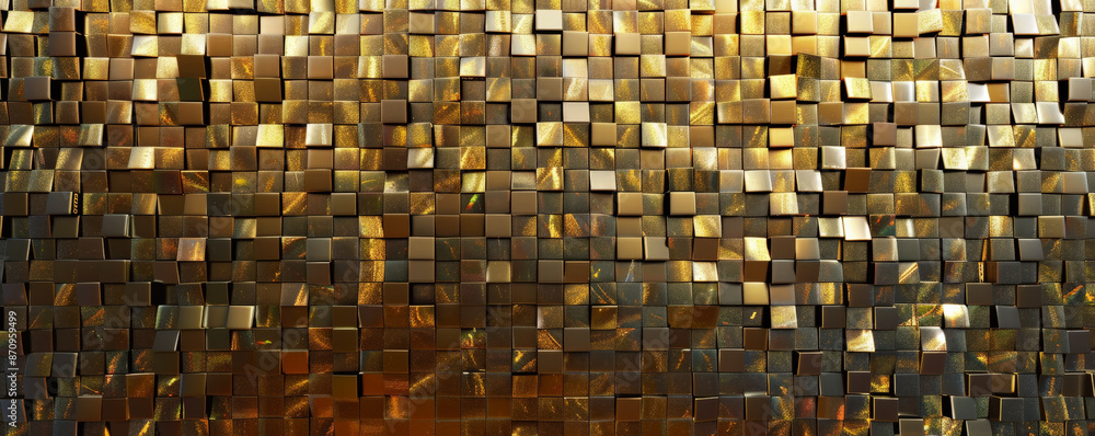 Poster a mosaic pixel background with a mix of metallic colors like gold, silver, and bronze. the shimmerin