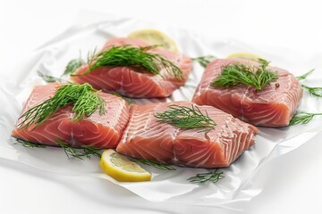 Fresh raw fish steak sealed in a vacuum pack Isolated on white background. ai generative