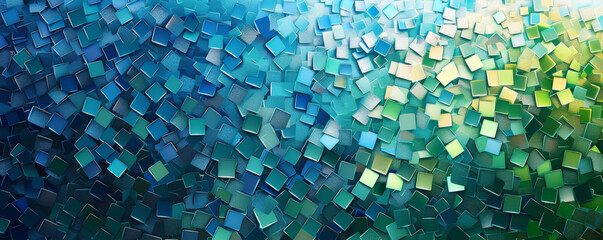 A mosaic pixel background with a mix of cool colors like blue, teal, and green. The refreshing hues and pixel arrangement create a calm and serene pattern.