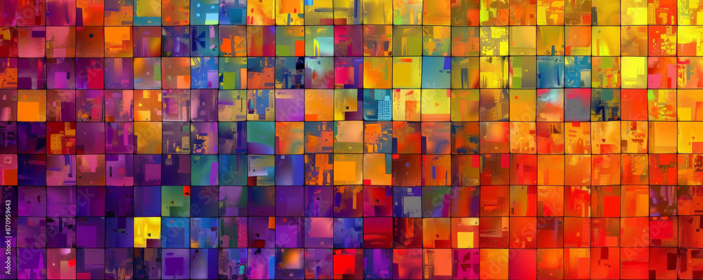 Aufkleber a mosaic pixel background with bright, primary colors arranged in a checkerboard pattern. the bold a