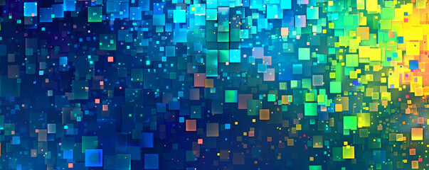 Fototapeta premium A mosaic pixel background with bright neon colors like blue, green, and yellow. The vibrant and fluorescent pixels create a lively and eye-catching design.