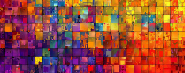 A mosaic pixel background with bright, primary colors arranged in a checkerboard pattern. The bold and vibrant pixels create a playful and dynamic design.