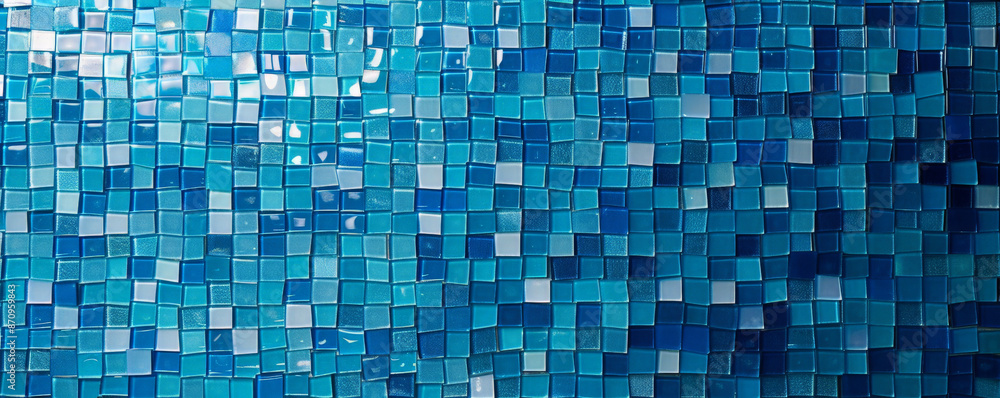 Poster a mosaic pixel background with shades of blue, creating a calm and serene pattern. the varied shades
