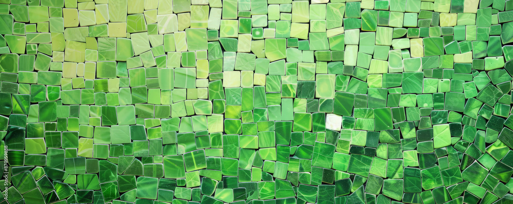 Poster a mosaic pixel background with shades of green, creating a fresh and vibrant pattern. the varied sha