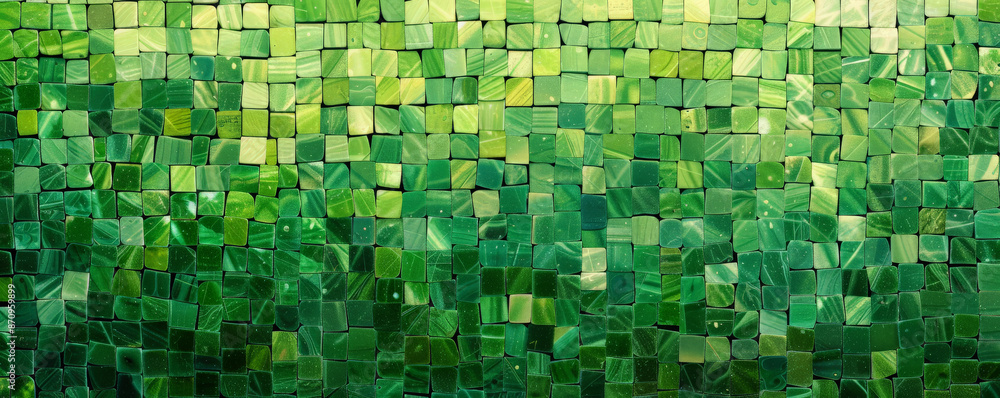 Poster a mosaic pixel background with shades of green, creating a fresh and vibrant pattern. the varied sha