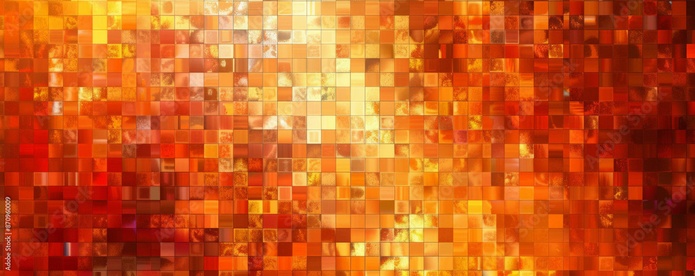 Poster a mosaic pixel background with shades of orange, creating a warm and energetic pattern. the varied s