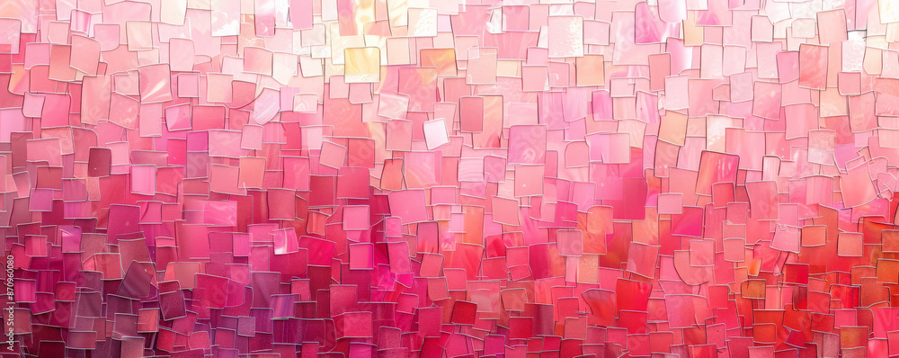 Poster a mosaic pixel background with shades of pink, creating a romantic and dreamy pattern. the varied sh