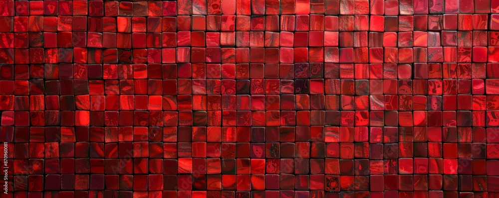 Poster a mosaic pixel background with shades of red, creating a bold and intense pattern. the varied shades