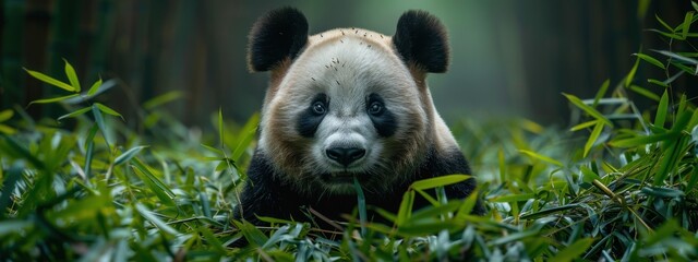 Panda munching on bamboo in a lush, green bamboo forest.