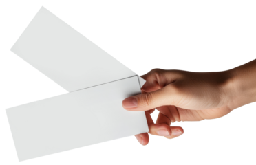 hand holding two blank sheets of paper isolated on white or transparent background. tickets, invitations, coupons, flyers