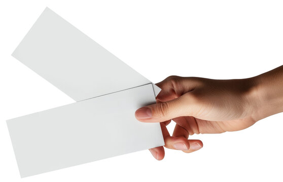 hand holding two blank sheets of paper isolated on white or transparent background. tickets, invitations, coupons, flyers