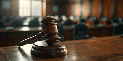 Judges gavel ready for verdict on oak table in courtroom setting. Concept Courtroom Drama, Legal System, Trial Process, Judge's Gavel, Verdict Announcement