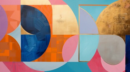Fototapeta premium oil painting geometric and circular shapes, abstract, gold, pink, blue, orange, stylish, minimalist