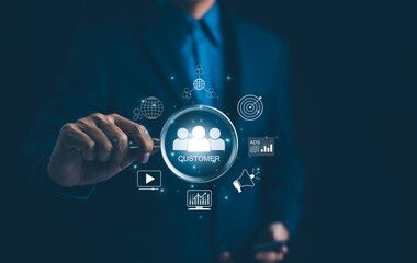 Digital Marketing and Customer Engagement Concept. A person with virtual icons digital marketing,...
