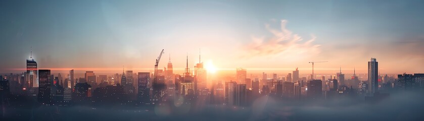 Fototapeta premium Panoramic view of a bustling city skyline at sunrise with modern skyscrapers, cranes, and soft mist creating a dreamy, tranquil atmosphere.