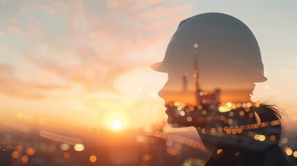Obraz premium Silhouette of a construction worker with a sunset backdrop, embodying progress, hard work, and industrial development.