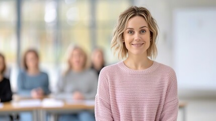 Fototapeta premium Confident woman smiling in a pink sweater with a group of women sitting in the background