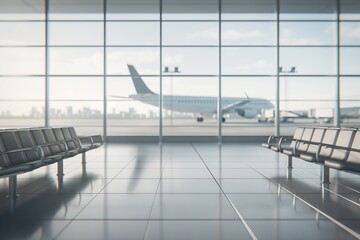 Photo of an airport departure lounge with a plane in the background outside, visible through the huge terminal window. Travel and tourism concept.