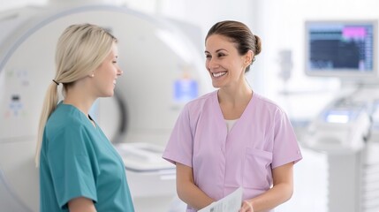 Fototapeta premium Two female nurses smiling and talking in a hospital setting.