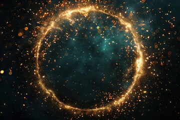 green color circle frame firework confetti of light golden spark particles on black background. ai generative