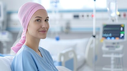 Fototapeta premium Smiling woman in a hospital bed wearing a pink headscarf