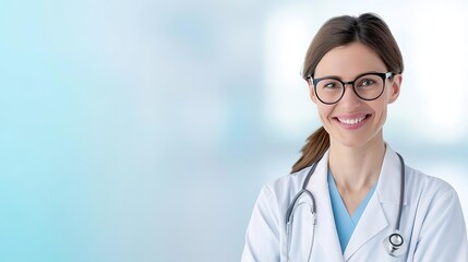 Fototapeta premium Smiling female doctor in a white coat with a stethoscope.