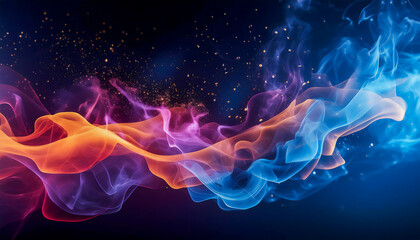 Obraz premium Neon colored smoke flying in outer space, with small flying particles of light, on a black background, with empty place for inscription
