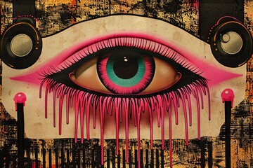 Mind of an artist graphically inclined. Colorful graffiti eye. Retro futuristic pop art fashion portrait