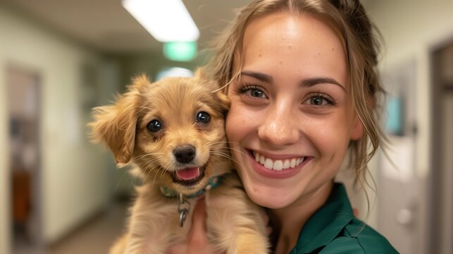 A shelter employee smiles and holds a cute puppy
