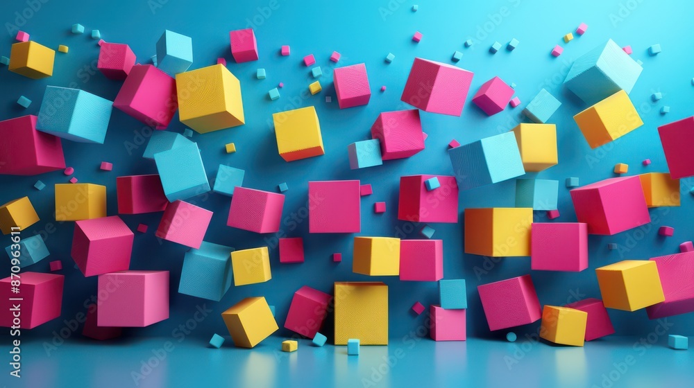 Poster vibrant colorful cubes floating dynamically against blue background.