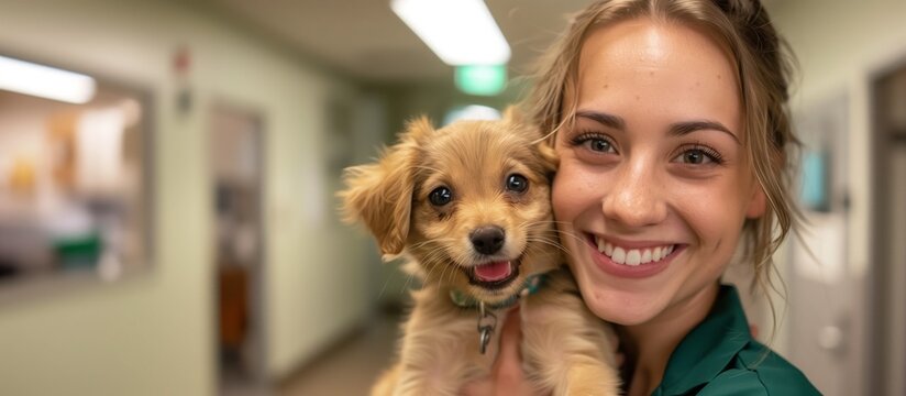 A shelter worker smiles happily while holding a cute puppy