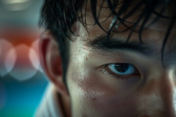 Determined Judo Athlete Preparing for Match with Focused Expression and Olympic Rings in Background