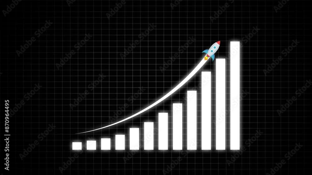 Poster arrow rising on graph with rocket sale symbols. abstract business growth and graph chart icon animat