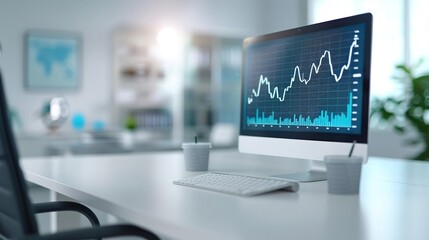 Naklejka premium A modern office desk with a computer displaying a financial graph.