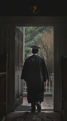 Fototapeta premium Graduation student stepping out of door, back view. Achievement and new beginnings concept
