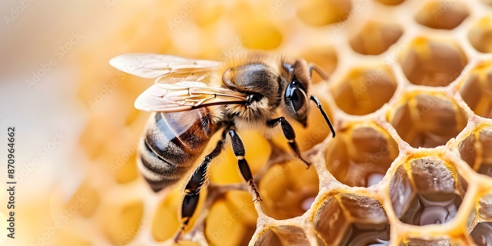 Poster closeup macro shot of bee collecting pollen on honeycomb highlighting intricate details. concept mac