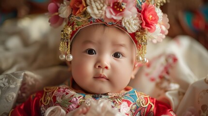 Close up realistic photo of adorable chinese baby happily celebrating a special occasion