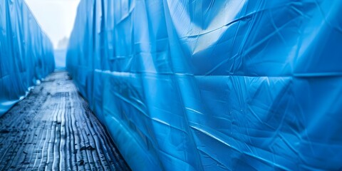 Blue tarpaulins protect construction sites from water used for awnings and canopies. Concept Construction, Waterproofing, Awnings, Canopies, Tarpaulins