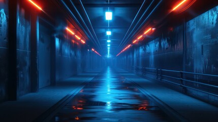 Moody futuristic neon-lit underground tunnel with reflections