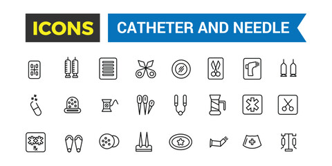 Catheter and Needle icons set. Outline icons pack. Editable vector line icon set and illustration for web and UI application.