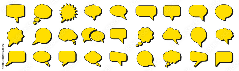 Poster Speech bubbles set, text balloon, yellow different empty speech discussion bubble icons, talk cloud bubble collection, chat sign