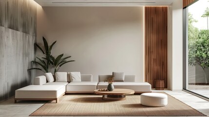 Modern living room with minimalist decor and natural lighting.