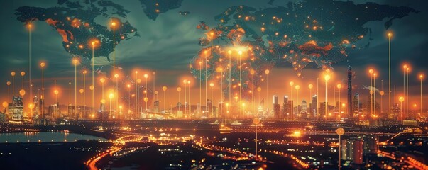 Fototapeta premium Global map with oil pipelines and rising price markers, world oil economy, global impact,