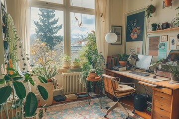 Cozy Industrial Workspace with Large Desk, Comfortable Chair, and Abundant Greenery for a Relaxing Office